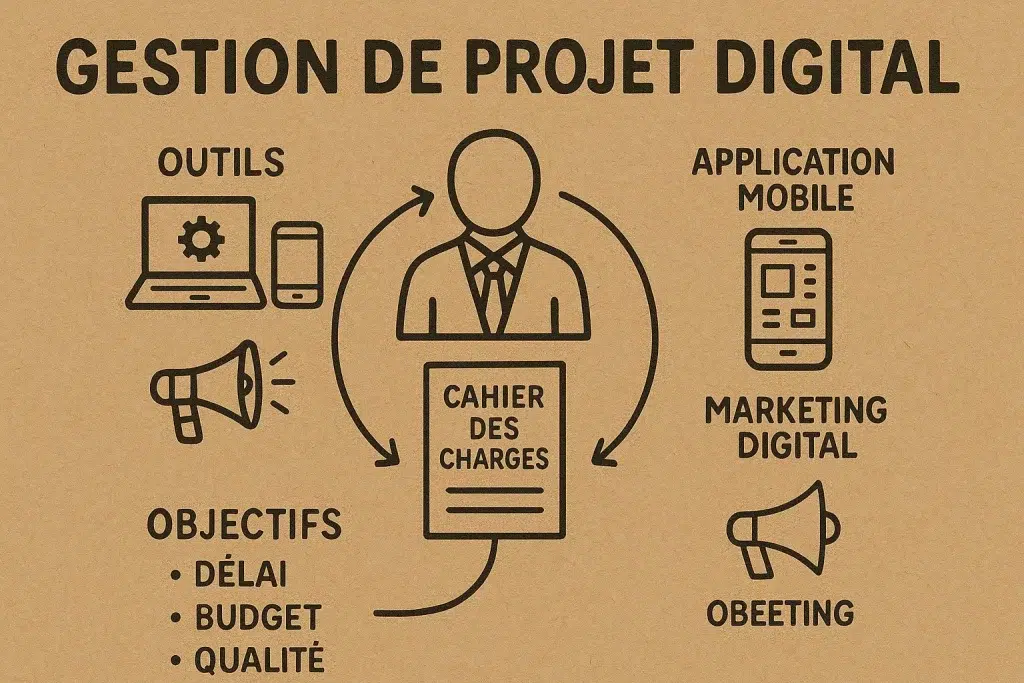 Schéma illustrant la gestion de projet digital avec cahier des charges, outils numériques, marketing et objectifs de qualité