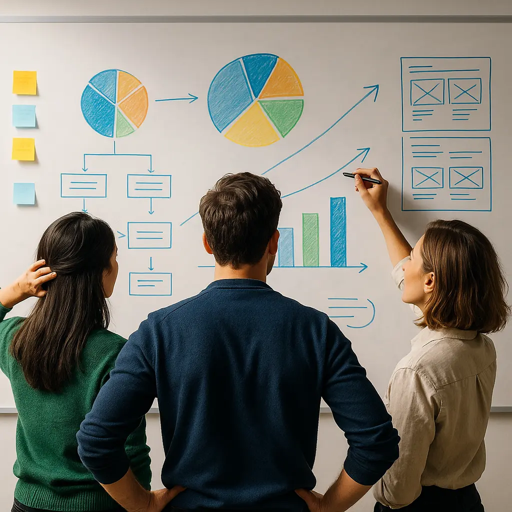 Trois professionnels de dos collaborant devant un tableau blanc rempli de graphiques, symbolisant la centralisation et l’intelligence collective avec Webmea.