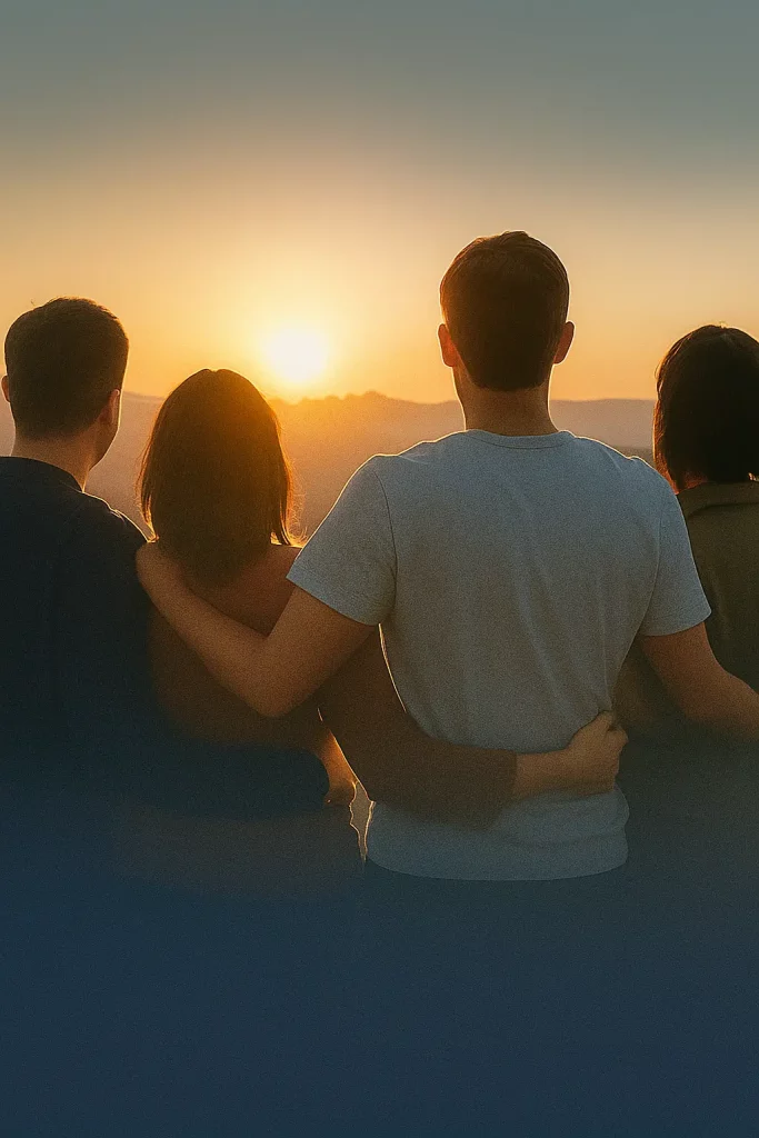 Quatre personnes de dos regardant un lever de soleil, symbole de collaboration et de clarté dans la mission de Webmea.