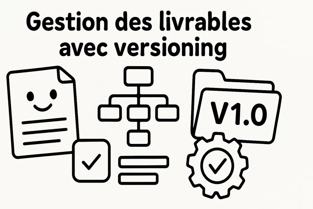 Illustration en noir et blanc style livre de coloriage avec le titre "Gestion des livrables avec versioning", montrant un document souriant, un organigramme, une icône de version V1.0 et un engrenage avec coche.