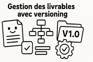 Illustration en noir et blanc style livre de coloriage avec le titre "Gestion des livrables avec versioning", montrant un document souriant, un organigramme, une icône de version V1.0 et un engrenage avec coche.