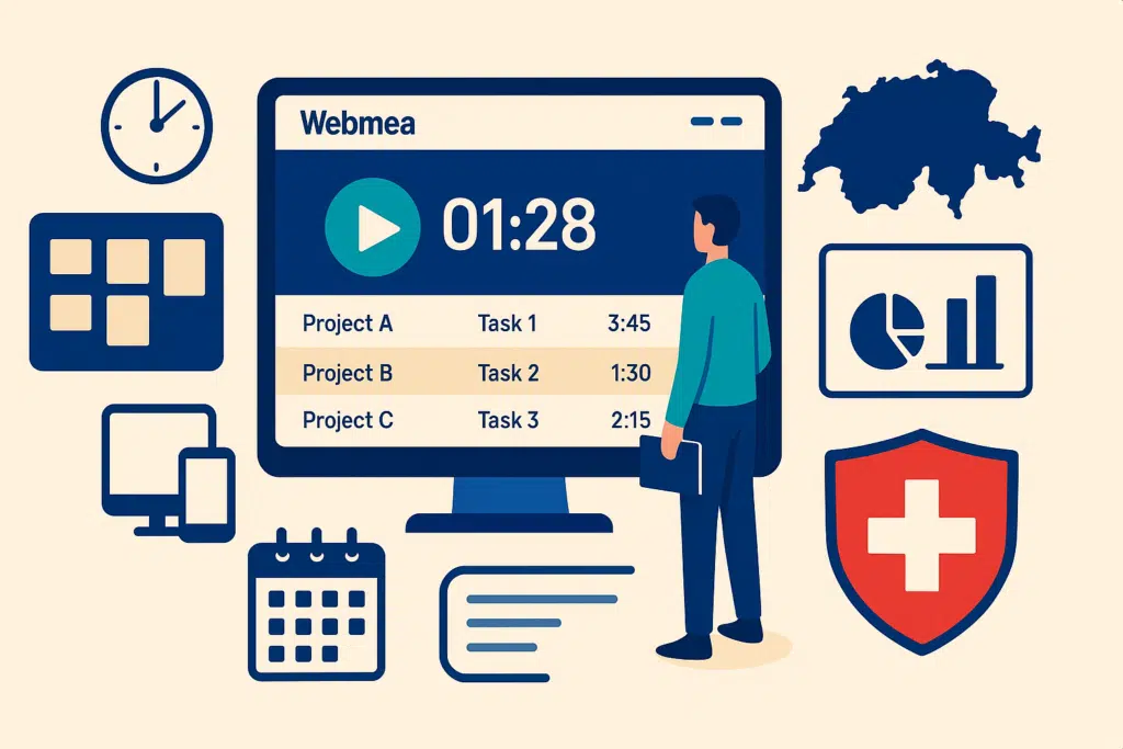 Interface Webmea avec timer de suivi du temps par projet, tableau des tâches et icônes Suisse/LPD