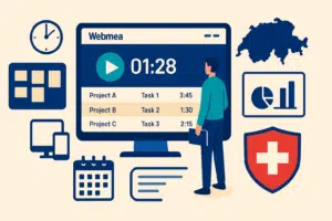 Interface Webmea avec timer de suivi du temps par projet, tableau des tâches et icônes Suisse/LPD