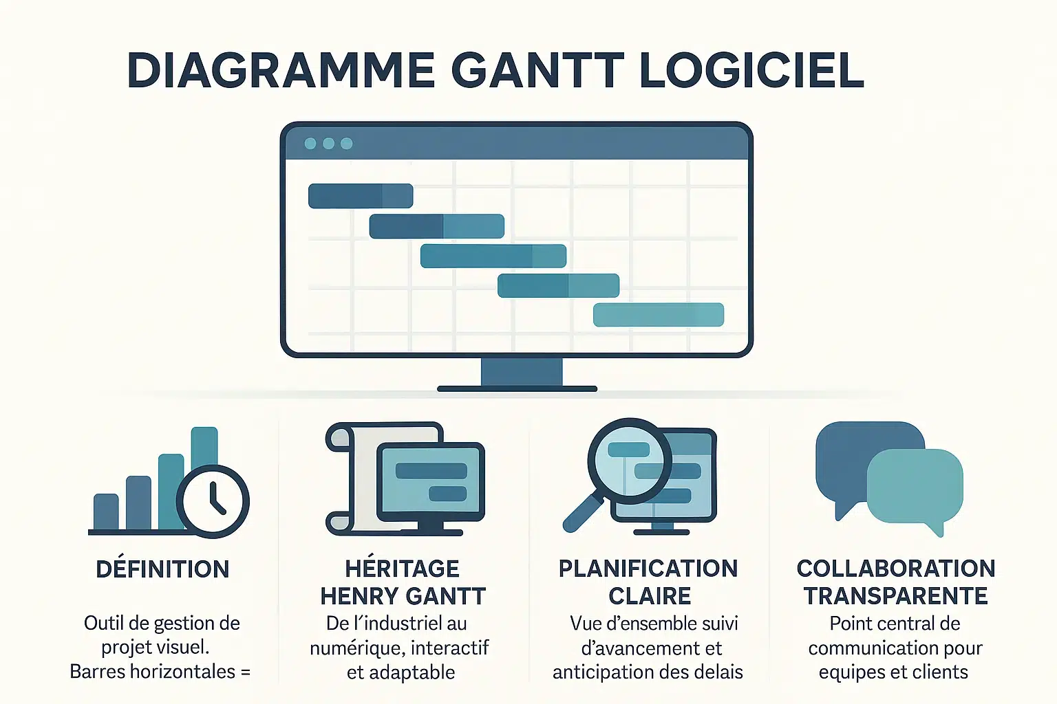 Diagramme de Gantt logiciel illustrant la gestion visuelle des tâches et dépendances