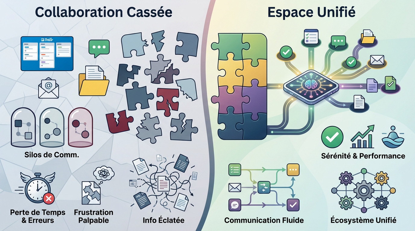 Illustration des problèmes de communication fragmentée entre outils de gestion de projet et équipes
