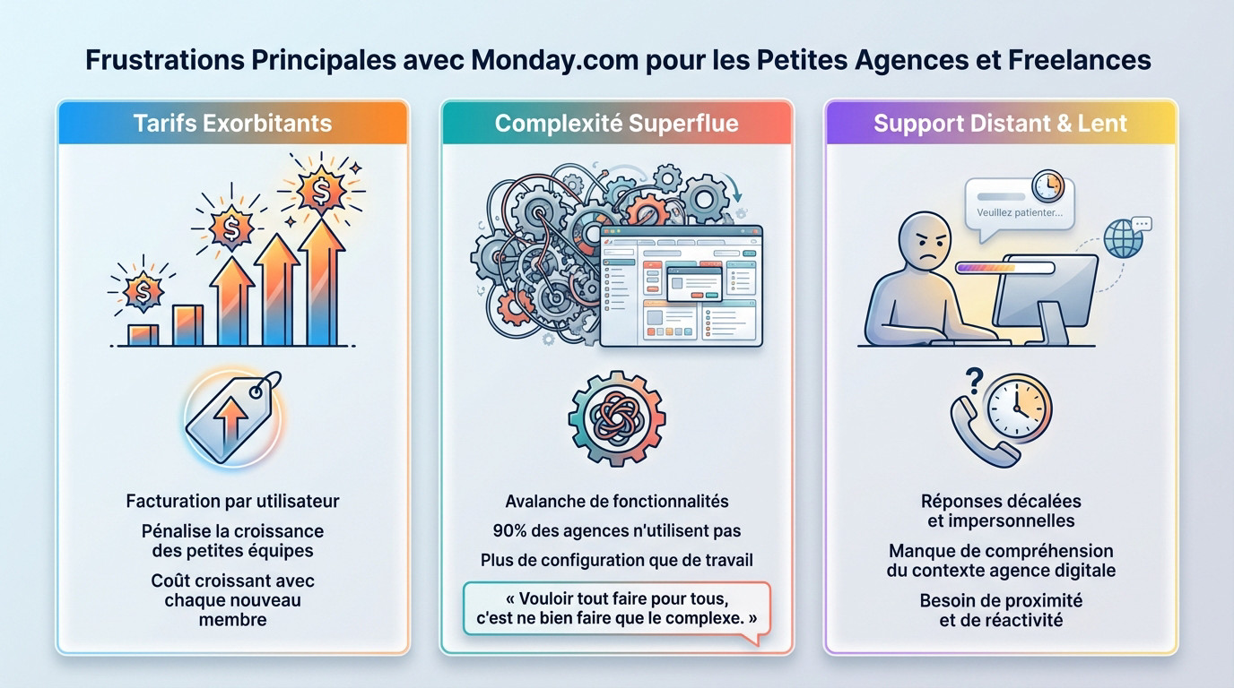 Illustration des frustrations liées à la complexité et aux coûts de monday.com pour les agences et freelances