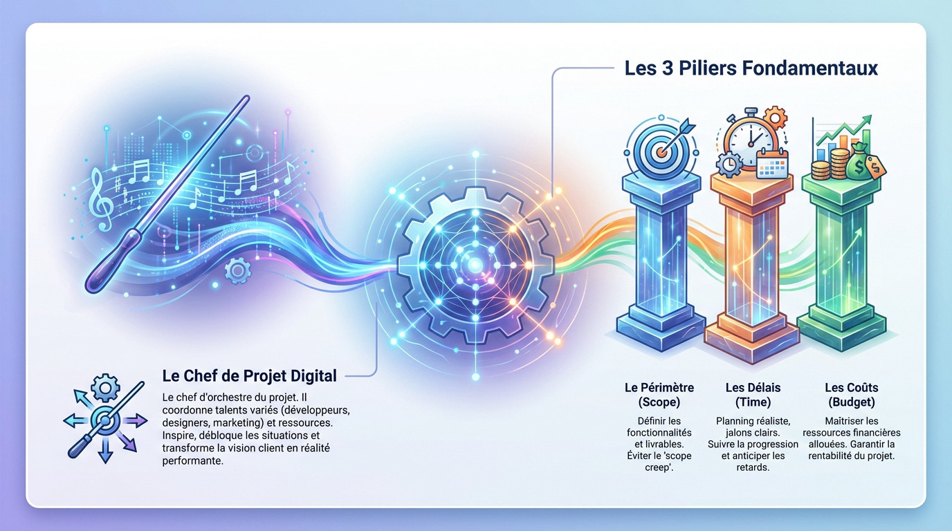 Illustration des trois piliers de la gestion de projet digital : périmètre, délais et coûts