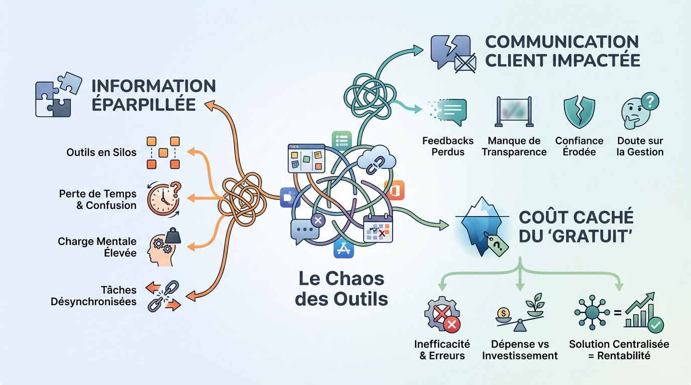 Illustration des problèmes liés à une stack d'outils fragmentée et au chaos organisationnel