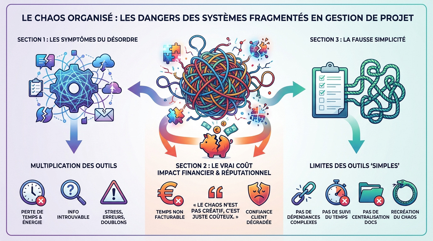 Illustration des dangers d'un système de gestion de projet fragmenté et désorganisé en agence digitale