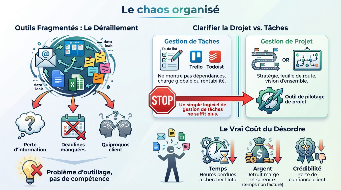 Bureau d'agence digitale désorganisé illustrant la perte de productivité due au manque d'outils centralisés