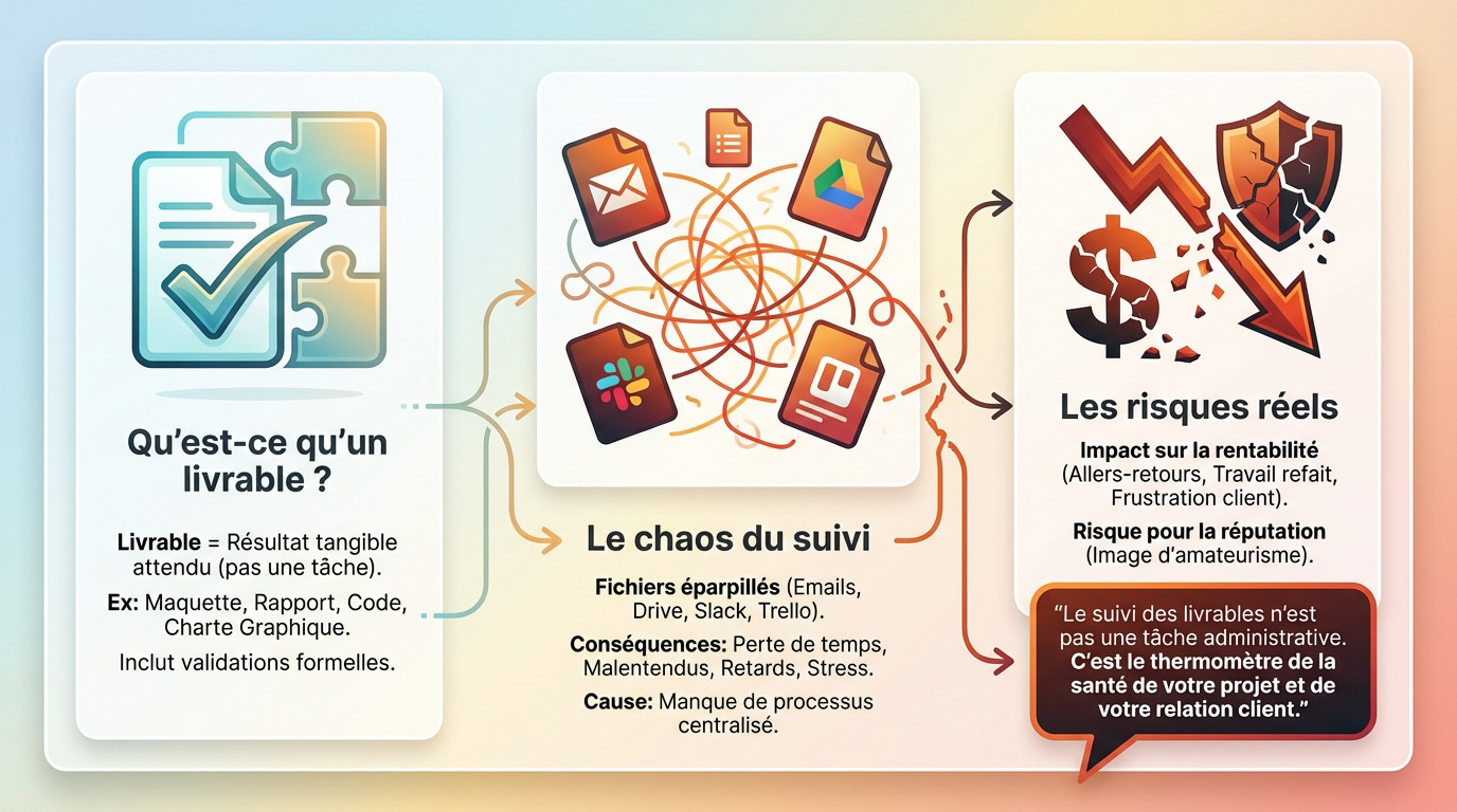 Illustration des difficultés de gestion et de suivi des livrables dans un projet digital