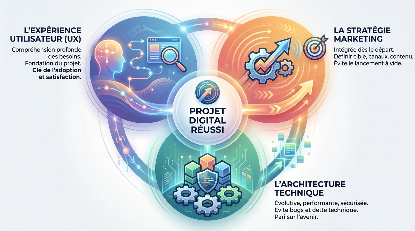 Illustration des trois piliers d'un projet digital réussi : UX, Marketing et Technique