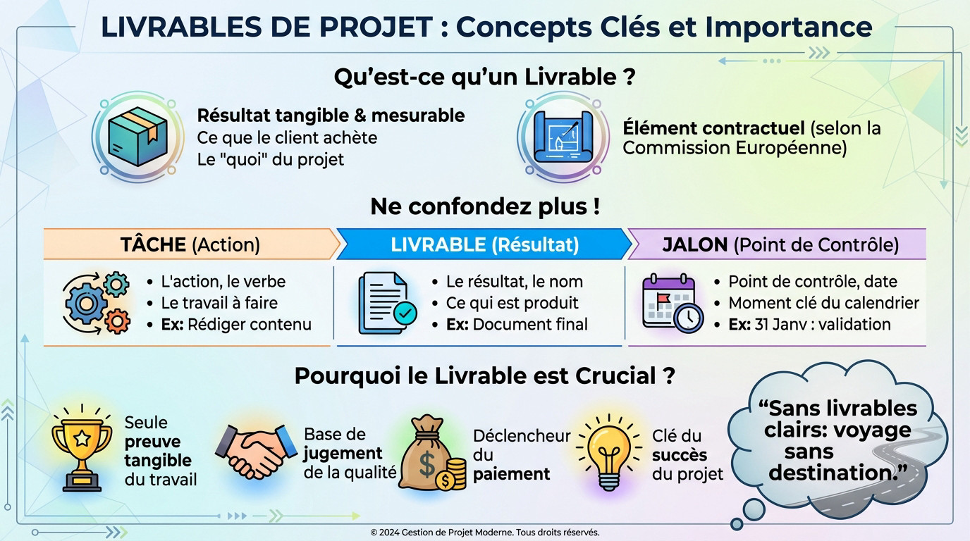 Schéma illustrant la différence entre tâches, livrables et jalons dans la gestion de projet