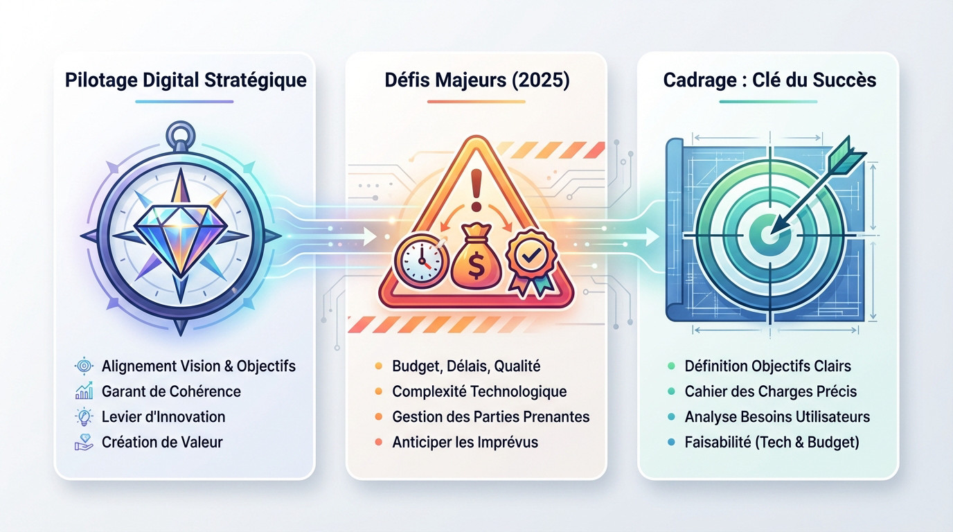 Schéma illustrant les étapes clés du pilotage de projet digital : stratégie, défis et cadrage