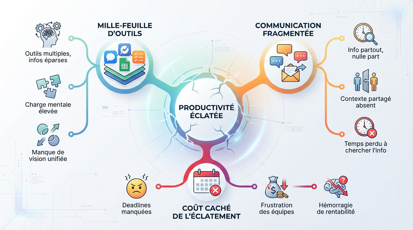 Illustration de la surcharge mentale et de la perte de productivité liée à la gestion de tâches éclatée
