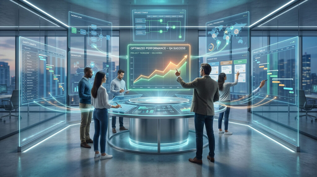 Gestion de projet digital avec une équipe en réunion, planification et collaboration