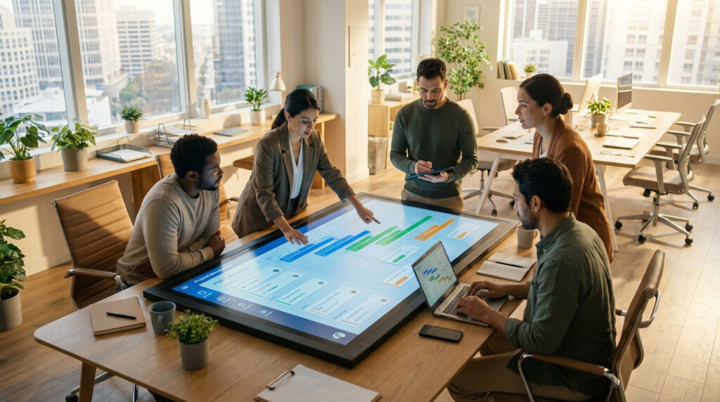 Gestion de projet collaboratif avec une équipe unie autour d'un tableau blanc