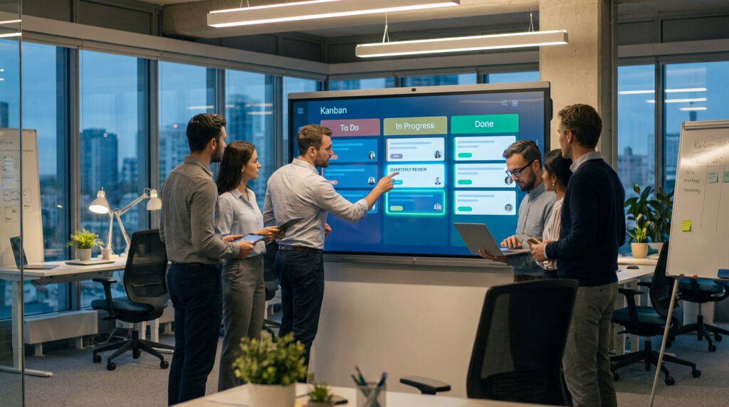 Gestion de tâches collaboratif sur une plateforme souveraine en Suisse, illustrant l'optimisation des flux de travail.